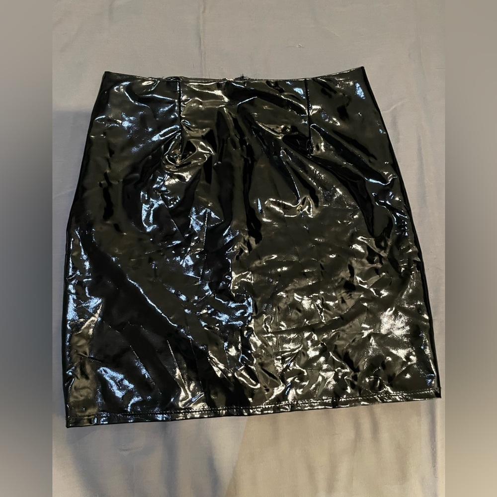 Faux patent mini skirt